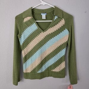 *OOAK* Urchin V-Neck Collared Sweater in Olive w/ Blue & Cream Stripes, Size XS
